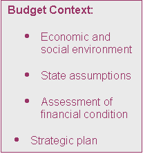 Text Box: Budget Context:

	Economic and social environment

	State assumptions

	Assessment of financial condition

	Strategic plan
