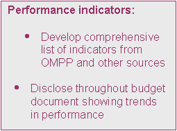 Text Box: Performance indicators:

	Develop comprehensive list of indicators from OMPP and other sources

	Disclose throughout budget document showing trends in performance 
