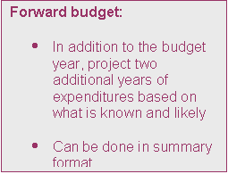 Text Box: Forward budget:

	In addition to the budget year, project two additional years of expenditures based on what is known and likely 

	Can be done in summary format
