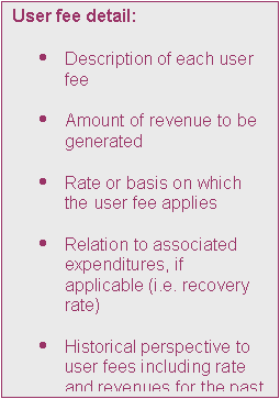 Text Box: User fee detail:

	Description of each user fee

	Amount of revenue to be generated

	Rate or basis on which the user fee applies

	Relation to associated expenditures, if applicable (i.e. recovery rate)

	Historical perspective to user fees including rate and revenues for the past five years

