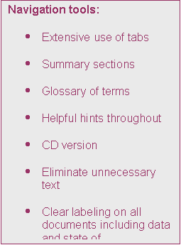 Text Box: Navigation tools:

	Extensive use of tabs

	Summary sections

	Glossary of terms

	Helpful hints throughout

	CD version

	Eliminate unnecessary text

	Clear labeling on all documents including data and state of review/approval

