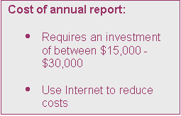 Text Box: Cost of annual report:

	Requires an investment of between $15,000 - $30,000

	Use Internet to reduce costs

	Produce CD version 
