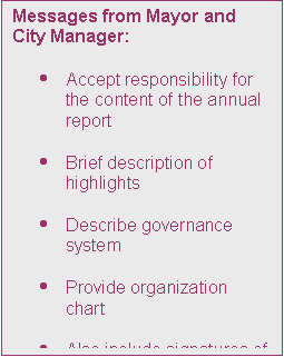 Text Box: Messages from Mayor and City Manager:

	Accept responsibility for the content of the annual report

	Brief description of highlights

	Describe governance system

	Provide organization chart

	Also include signatures of other senior officials
