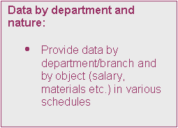 Text Box: Data by department and nature:

	Provide data by department/branch and by object (salary, materials etc.) in various schedules

	Show data by household

