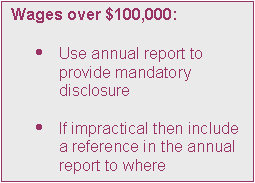 Text Box: Wages over $100,000:

	Use annual report to provide mandatory disclosure

	If impractical then include a reference in the annual report to where information can be obtained
