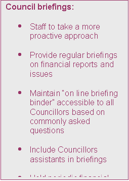 Text Box: Council briefings:

	Staff to take a more proactive approach

	Provide regular briefings on financial reports and issues 

	Maintain on line briefing binder accessible to all Councillors based on commonly asked questions 

	Include Councillors assistants in briefings

	Hold periodic financial briefings for the media
