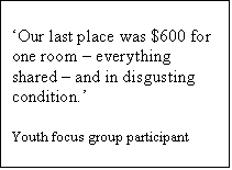 Text Box: Our last place was $600 for one room  everything shared  and in disgusting condition. 

Youth focus group participant
