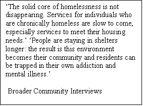 Text Box: The solid core of homelessness is not disappearing. Services for individuals who are chronically homeless are slow to come, especially services to meet their housing needs. People are staying in shelters longer: the result is this environment becomes their community and residents can be trapped in their own addiction and mental illness.

 Broader Community Interviews

