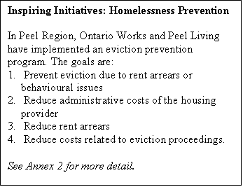 Text Box: Inspiring Initiatives: Homelessness Prevention

In Peel Region, Ontario Works and Peel Living have implemented an eviction prevention program. The goals are:
1.	 Prevent eviction due to rent arrears or behavioural issues
2.	 Reduce administrative costs of the housing provider
3.	 Reduce rent arrears
4.	 Reduce costs related to eviction proceedings.

See Annex 2 for more detail.
