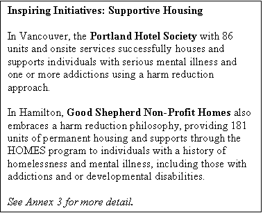 Text Box: Inspiring Initiatives: Supportive Housing

In Vancouver, the Portland Hotel Society with 86 units and onsite services successfully houses and supports individuals with serious mental illness and one or more addictions using a harm reduction approach.

In Hamilton, Good Shepherd Non-Profit Homes also embraces a harm reduction philosophy, providing 181 units of permanent housing and supports through the HOMES program to individuals with a history of homelessness and mental illness, including those with addictions and or developmental disabilities.

See Annex 3 for more detail.


