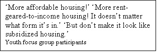 Text Box: More affordable housing! More rent-geared-to-income housing! It doesnt matter what form its in. But dont make it look like subsidized housing.
Youth focus group participants

