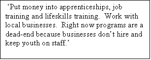 Text Box:  Put money into apprenticeships, job training and lifeskills training.  Work with local businesses.  Right now programs are a dead-end because businesses dont hire and keep youth on staff.

Youth focus group participant
