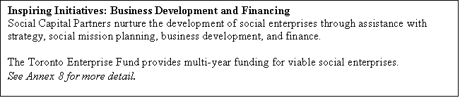 Text Box: Inspiring Initiatives: Business Development and Financing
Social Capital Partners nurture the development of social enterprises through assistance with strategy, social mission planning, business development, and finance.

The Toronto Enterprise Fund provides multi-year funding for viable social enterprises.
See Annex 8 for more detail.
