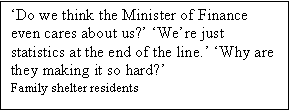 Text Box: Do we think the Minister of Finance even cares about us? Were just statistics at the end of the line. Why are they making it so hard?
Family shelter residents
