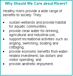 Text Box: Why Should We Care about Rivers?

Healthy rivers provide a wide range of benefits to society. They:

	sustain wetlands and provide habitat for aquatic communities;
	provide clean water for drinking,  agricultural and industrial use;
	support recreational activities such as angling, swimming, boating and cottaging;
	provide economic benefits from water-related investment, tax dollars and visitor spending; and
	provide aesthetic enjoyment.


