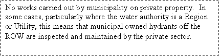 Text Box: No works carried out by municipality on private property.  In some cases, particularly where the water authority is a Region or Utility, this means that municipal owned hydrants off the ROW are inspected and maintained by the private sector.